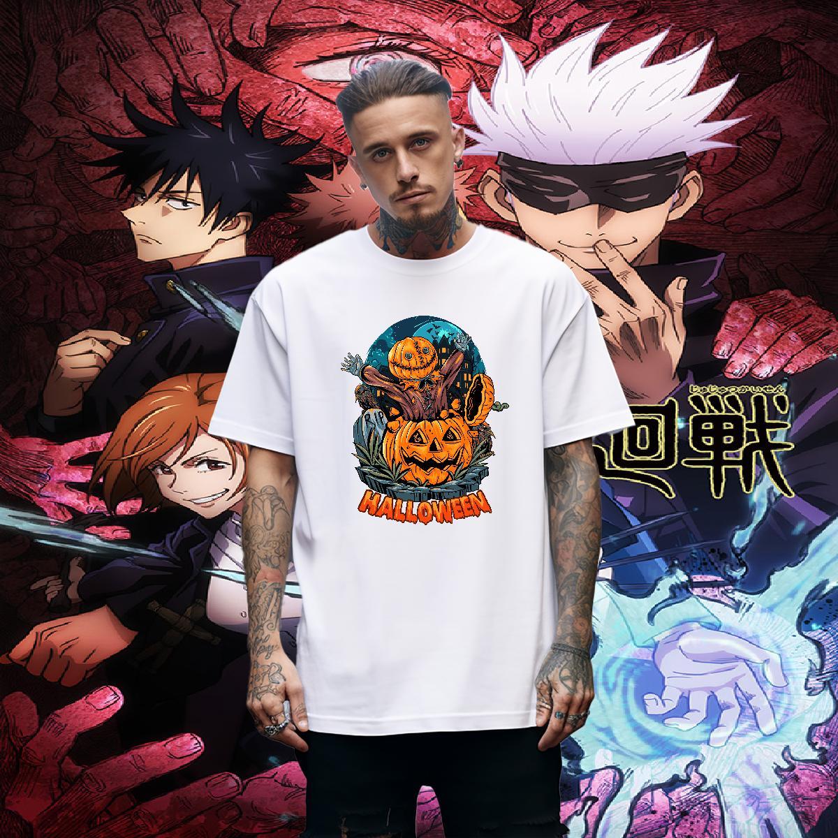 Cool Man T Shirts halloween Breathable Crew Neck Anime Printing Street Floral Print 230g Pure Cotton Men Tees 2024 New Wear