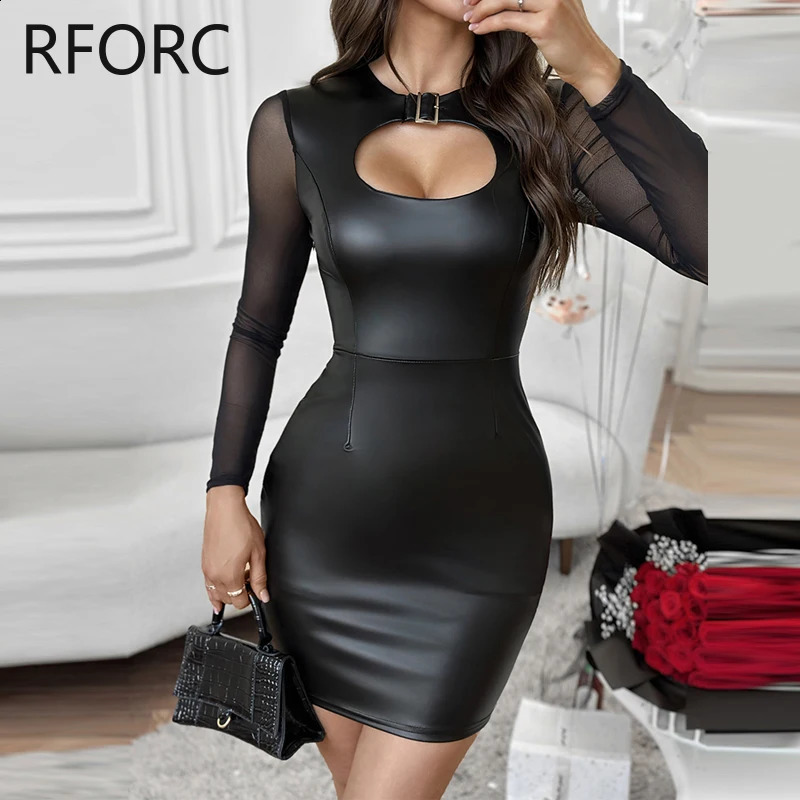 Women Hollow Out Mesh Patchwork Pu Leather Dress for Lady Long Sleeves Mini Sexy Black Dress 240819