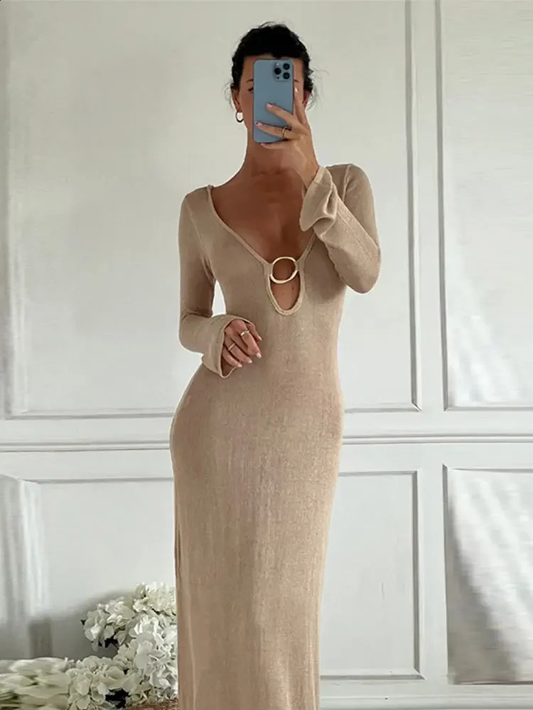 DAENERYS RES Spring Summer Fashion Women Dresses Backless Knitting Long Sleeve Sexy Hollow Out Beach Holiday Party Vestidos 240819