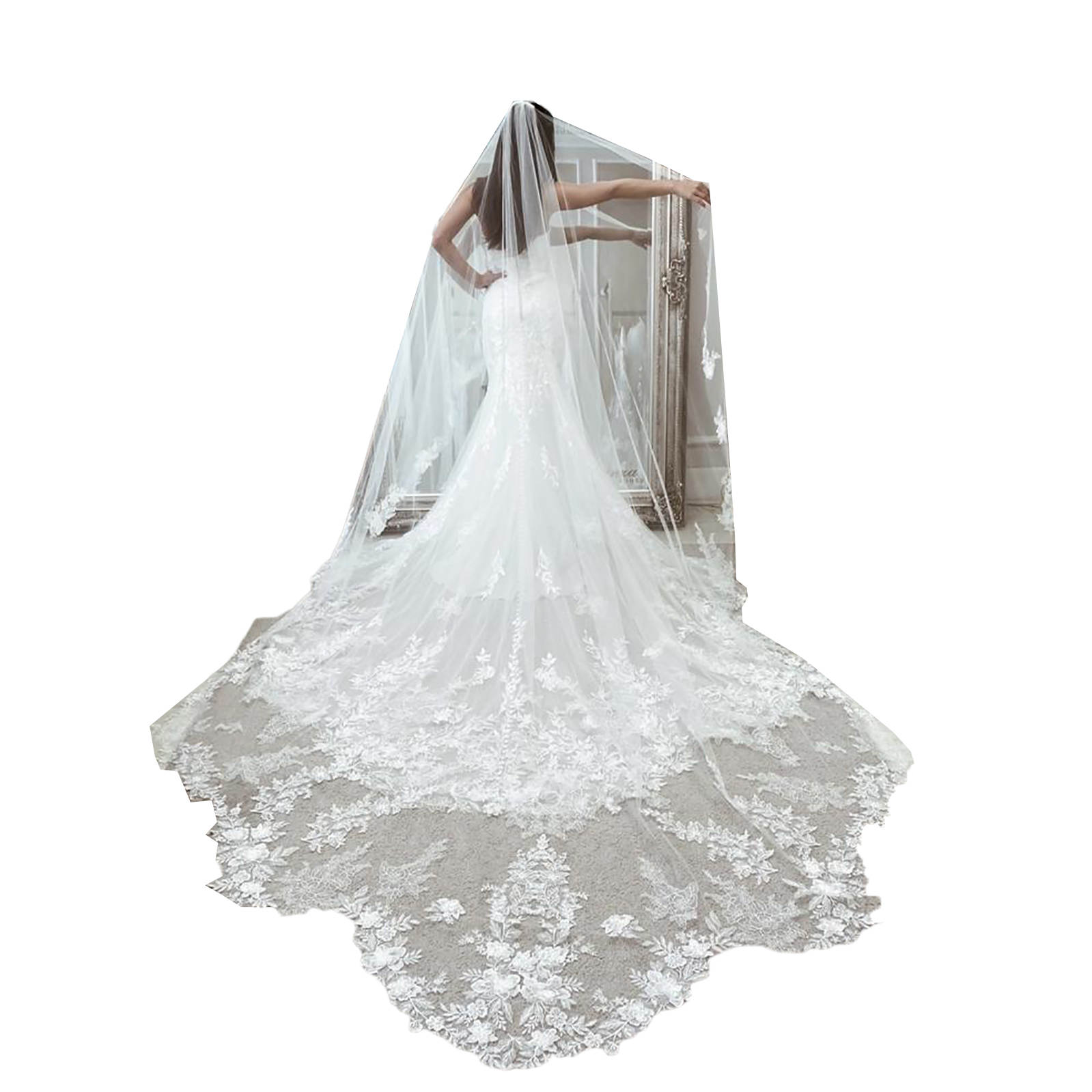 Gorgeous Wedding Veil Appliques One Layer Long Cathedral Length Veils Lace Edge With Comb Custom Made Bridal Accessories