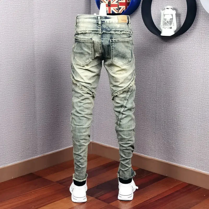 Autumn Winter Broken Denim Jean Mens Patch Slim Feet Fashion Retro Cargo Pants Vintage Pantalon Skinny Homme Jeans 240819