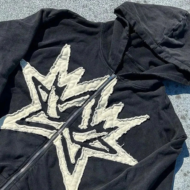 Mens Gothic Street Hoodie Embroidered Star Zipper Hoodie Retro Hip Hop European and American Autumn Winter Y2K 2024 240819