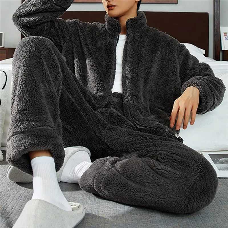 Mens Warm Pajama Set Autumn Winter Thick 2-piece Set Flannel Pajama Flannel Zipper Sleeping Trouser Home ClothingW240719