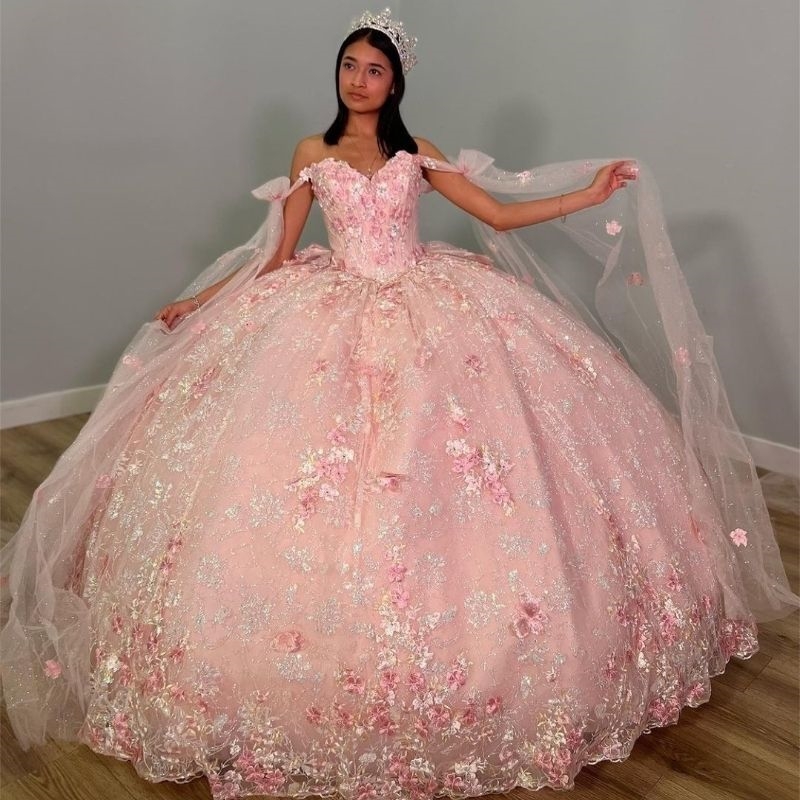 Pink Princess Sweetheart Quinceanera Dress Ball Gown Off the Shoulder Beads Appliques wer Tull Party Birthday Vestidos De 15 Anos