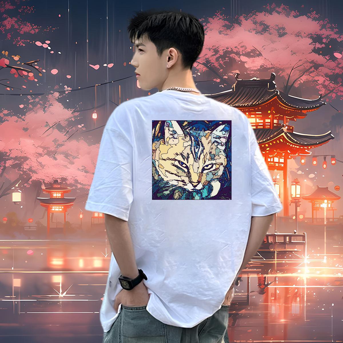 Stylist Men Tees cat Outdoor 100% Cotton 230g Clothings Breathable Crew Neck Cool Design Mens T Shirts Asian Size