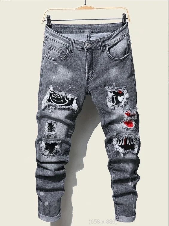 Mens stretch denim jeans streetwear tear patches work holes waist casual pants ultrathin fit straight 240819