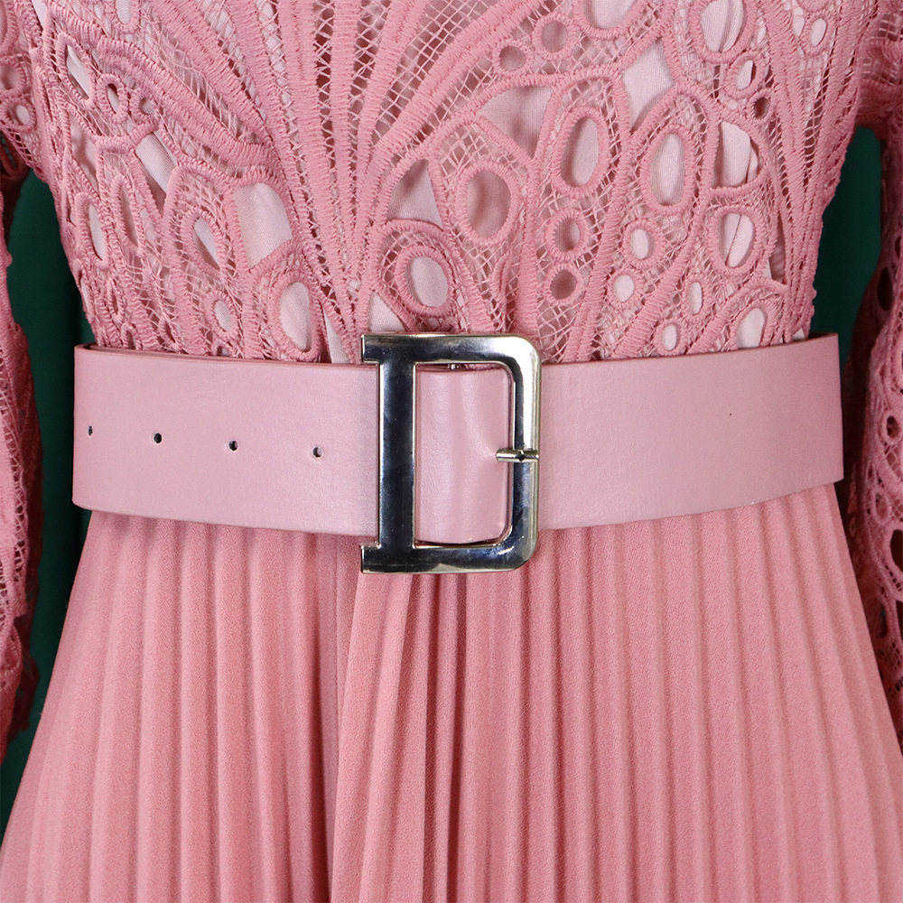 Elegant Women's Lace Flower Pleated Skirt - European & American Style Dress with Hook Closure