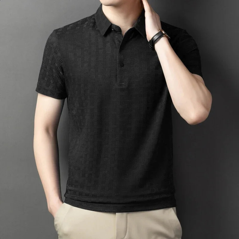 2024 Summer Ice Silk Jacquard Tshirt Thin and High End Trendy Mens Casual Polo Shirt 240819