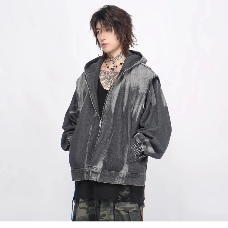 Y2K High Street Hooded Denim Jacket Mens Spring Tie Dye Gradient Retro Cowboy Hoodie Zipper Loose Unisex Bomber Coats 240819
