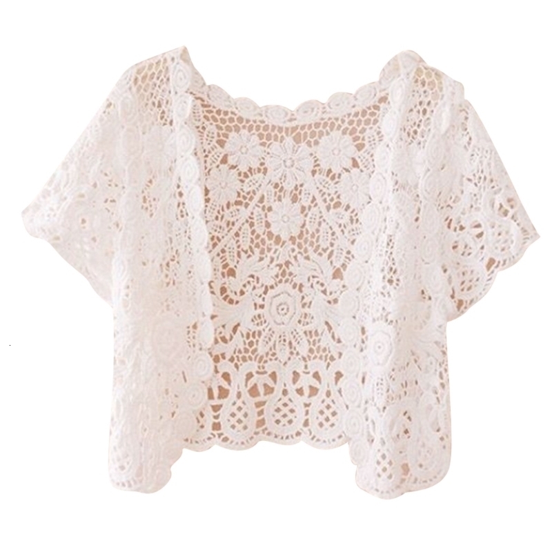 M2EA Womens Short Sleeve Open Front Lace Cardigan Floral Crochet Sheer Beach Cover Up Shrugs Crop Bolero Jackets for Dresses 240819