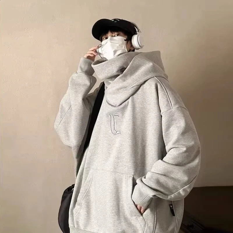 Autumn High Collar Hoodie Pullover Loose Men Coat Tops Harajuku Hip Hop Gothic Outwear Streetwear Y2k Fleece Hooded Sweatshirt 240819