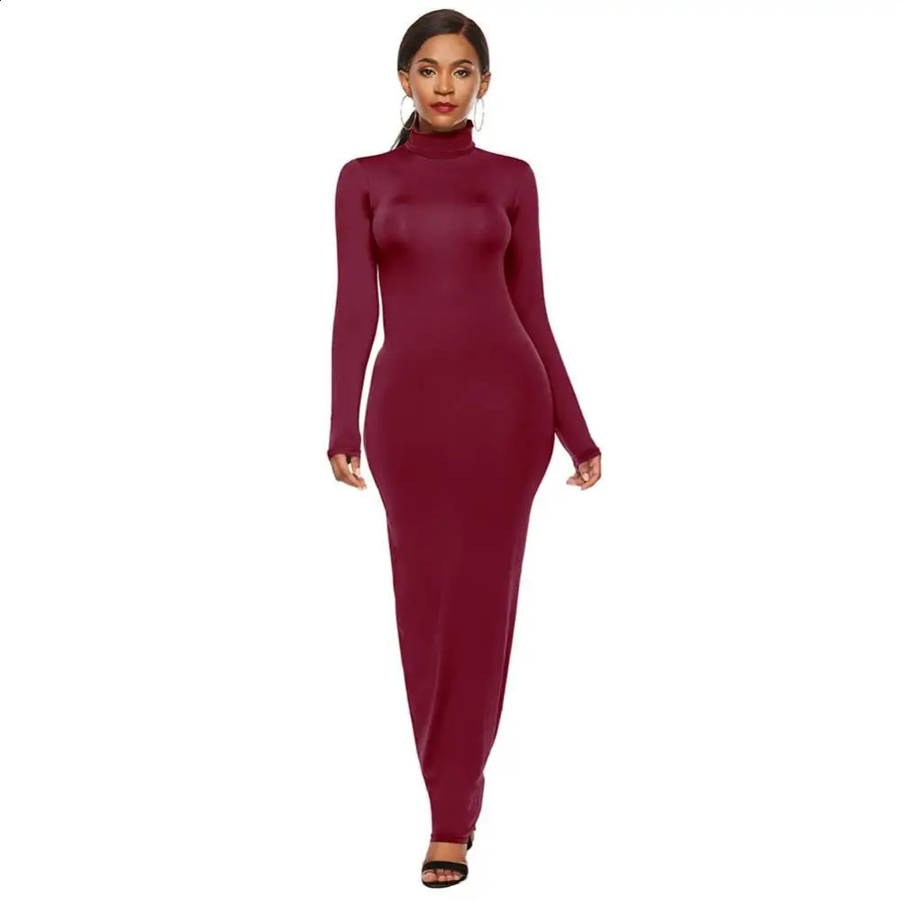 Women Long Dresses Plus Size Party Solid Color Women Long Sleeve Turtleneck Bodycon Dress Maxi Vestidos S-5XL 240823