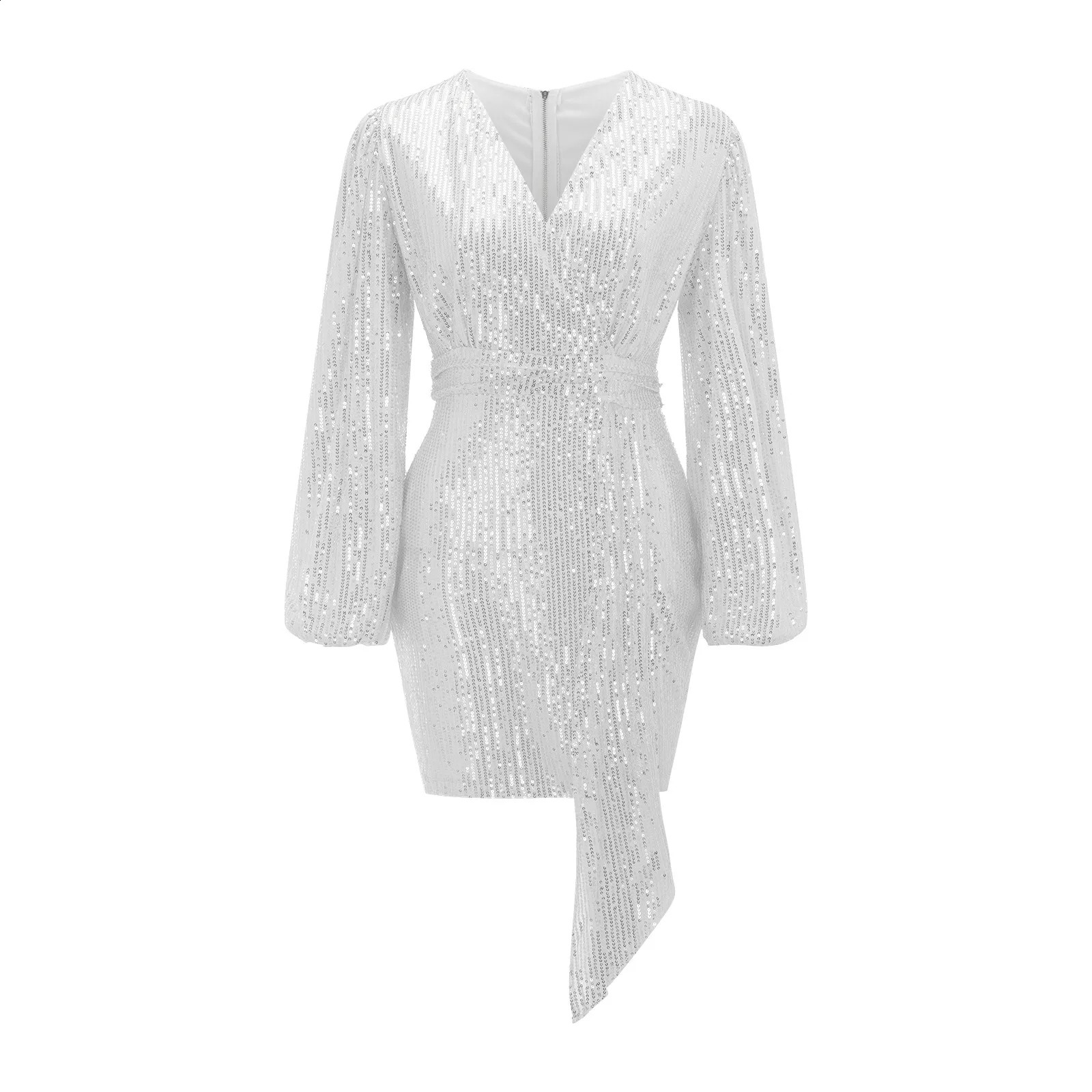 Sequins V Neck Prom Dress Solid Long Sleeve Sexy Slim Belted Nightclub Party Dressbanquet Dresses For Women Plus Size Vestidos 240819