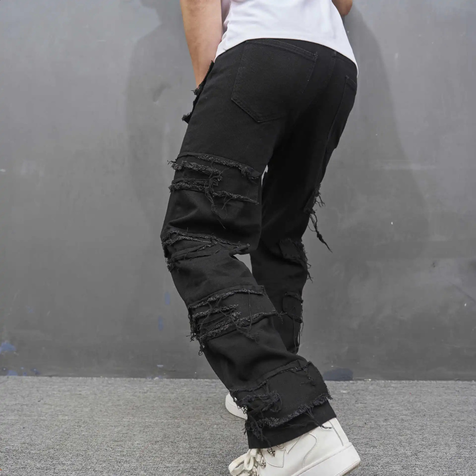 European And Emerican Black Men Jeans Slim Y2K Streetwear Wide Leg Straight Hip Hop Punk Style Stacked Trousers 240819