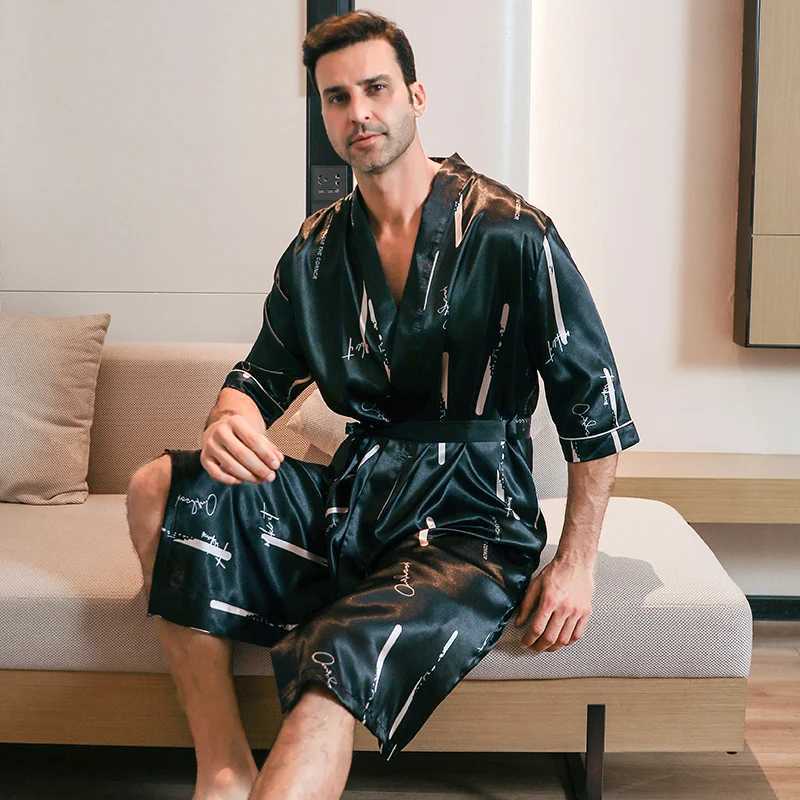 Mens ice silk satin half Sves pajamas Spwear Robe yukata night light plus size spring summer short Sves W241023