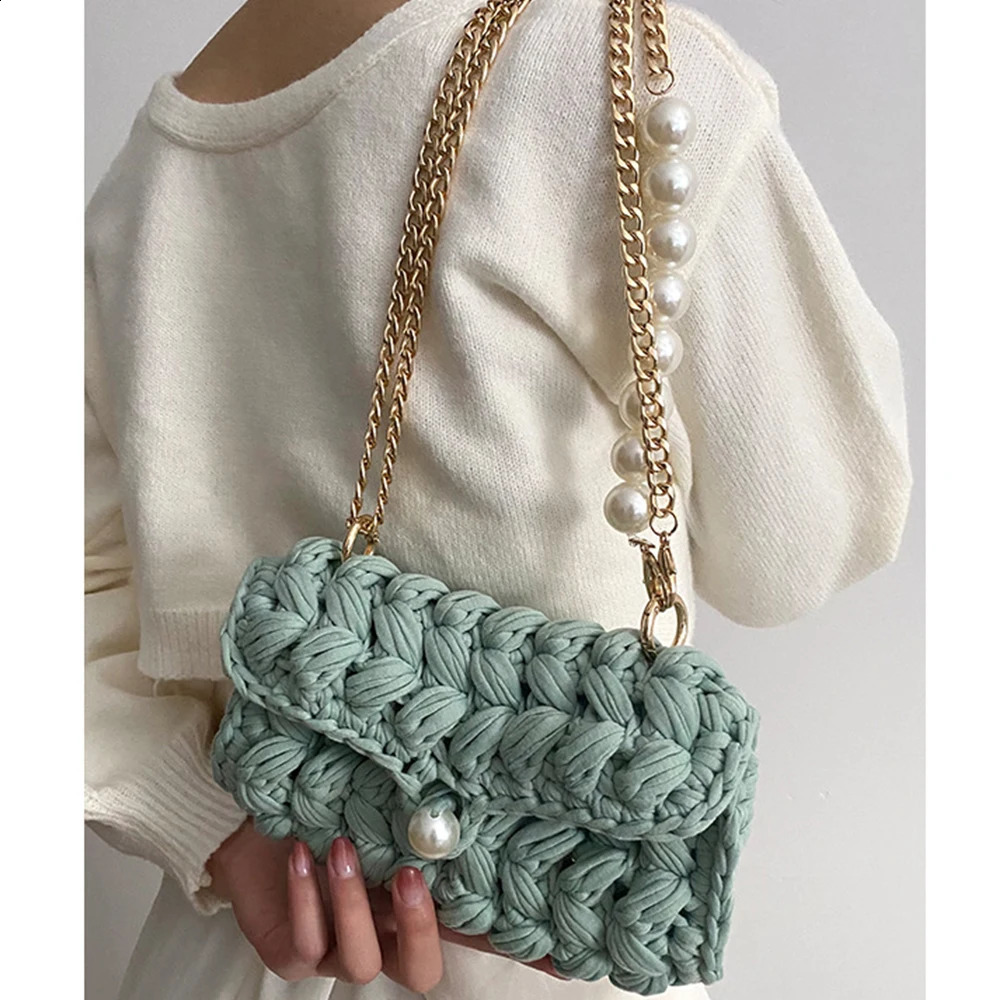 3 Handmade Rope Crochet Womens Shoulder er Knitting Crossbody Bags for Women Handbags Pearls Chains Sg Bag Tote 240819 4