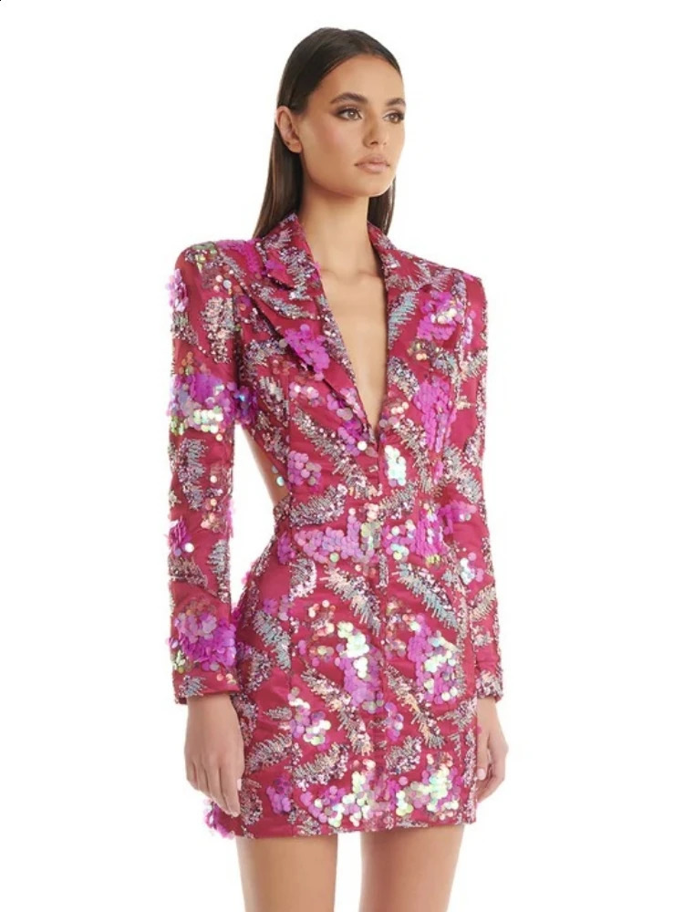 Womens Sexy Long Sleeves Sequins Mini Dress Sexy Backless Sequined Mini Bodycon Blazer Dresses Celebrity Party Evening Gowns 240819