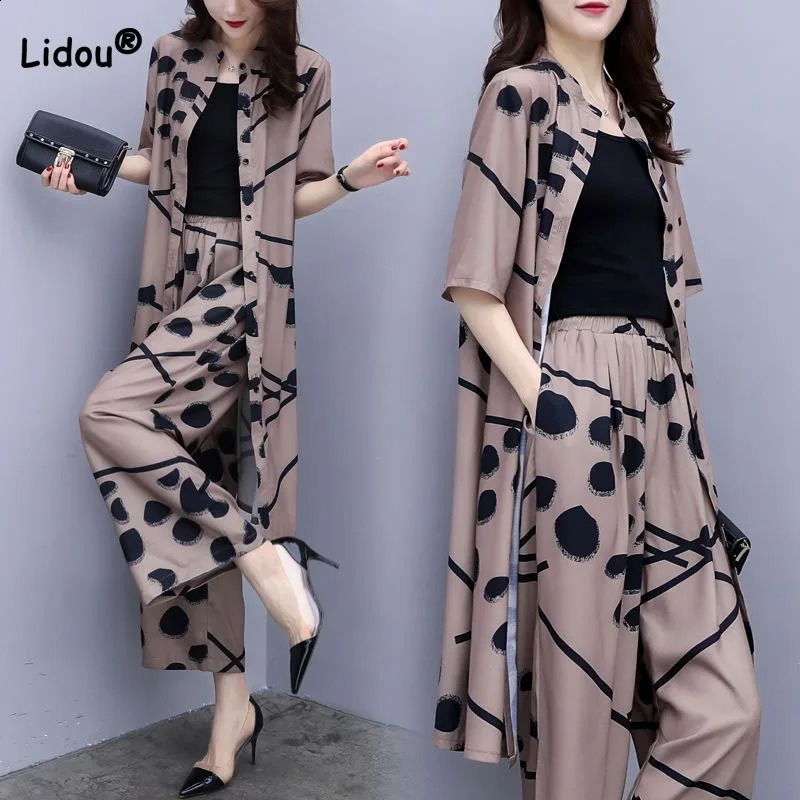 Vintage Fashion Female Single-breasted Cardigan Top Half Sleeve Printed Two Piece Set Casual Wide Leg Pants Sets Womens Clothing 240819