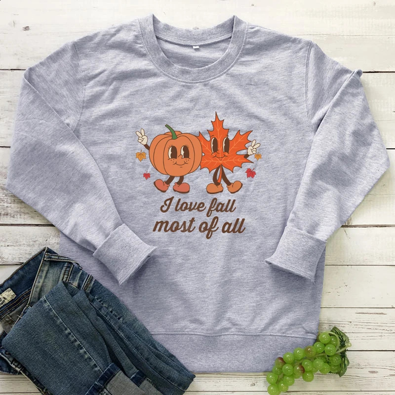 Colored I Love Fall Most of All Sweatshirt Vintage Women Long Sleeve Jumper Autumn Pumpkin Leaf Pullovers 240820
