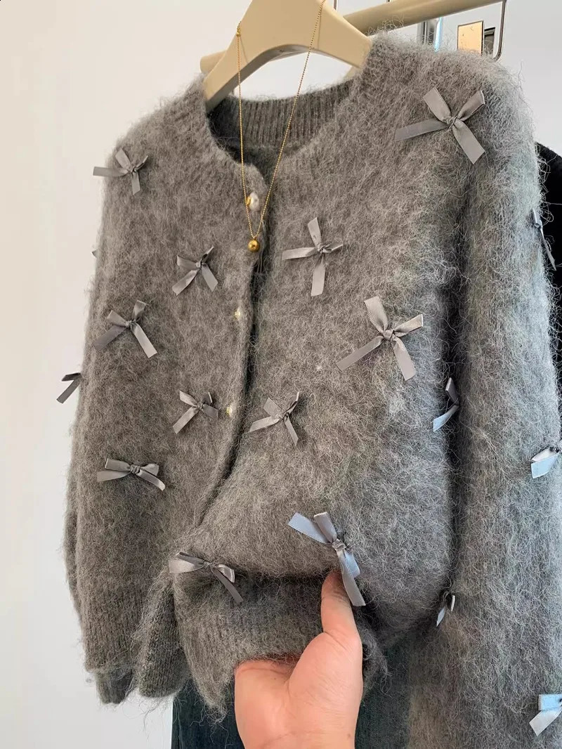 Grey bow sweater AutumnWinter Womens high temperature soft Mohair knitted cardigan perfume coat casual top 240819