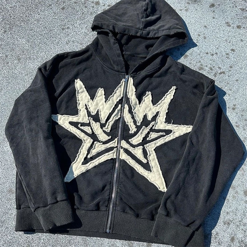 BIG PROMOTION Y2K European and American AutumnWinter Mens Gothic Street Hoodie Embroidered Star Zipper Hooded Casual Sweater 240819