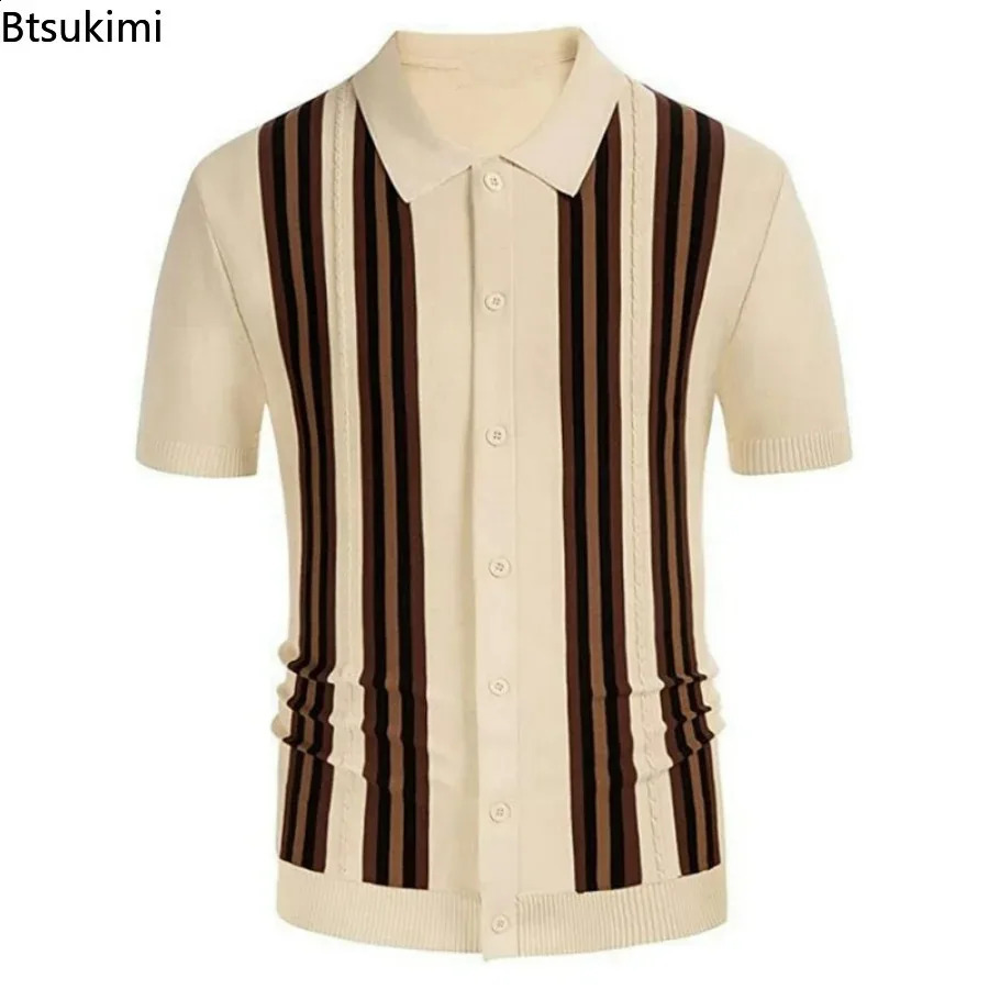 Spring Summer Mens Short Sleeve Polo Shirt Knitted Slim Business Cardigan Shirt Streetwear Casual Tops Camisa Masculina 240820