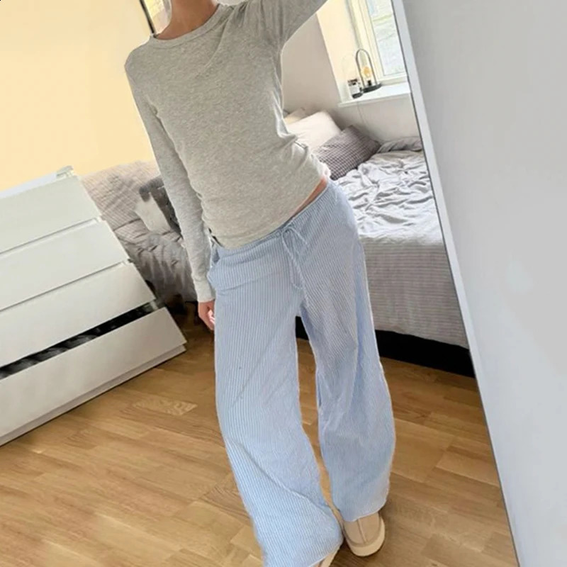 HEYounGIRL Autumn Thin Loose Fit Straight Pants Y2K Casual High Street Women Striped Sweatpants Fashion Elastic Waist Joggers 240820
