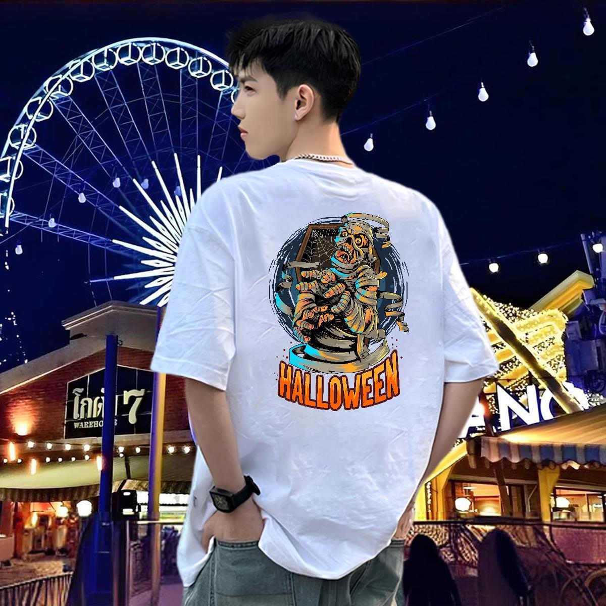 Fashion Men Clothes T-Shirt Halloween Hip Hop Street 100% Cotton 230g Wear Short Sleeve O-Neck Comfortable T Shirt For Man Oversized 4XL