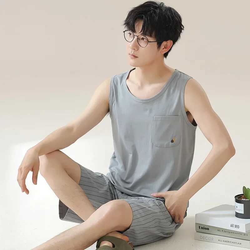 2024 New Mens Sleeveless Cotton Pajama Set Summer Casual Home Clothing Mens Tank Top Short Sleeve PajamasW240719