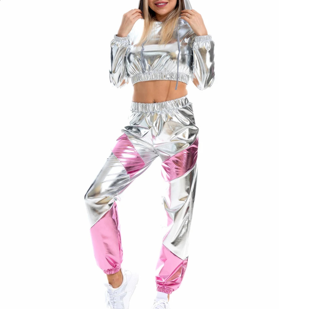 Street Clothing Y2K Womens Holographic Wetbook Hoodies Crop Top Tshirts Sports Pants Goods Trousers Tracking 240819