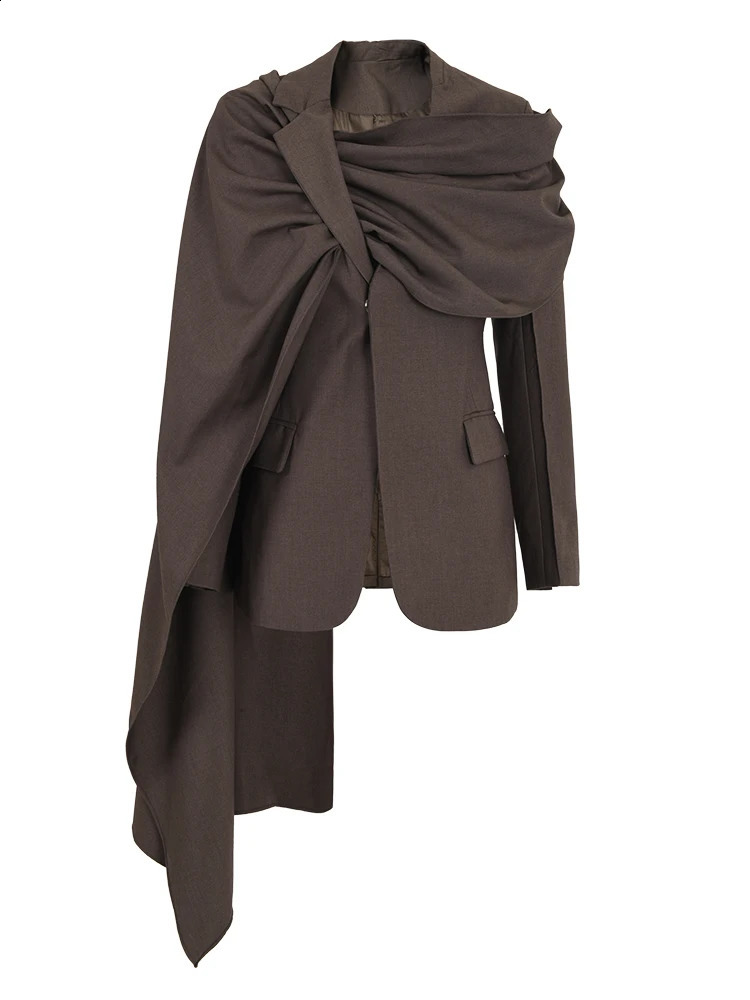 EAM Coffee Irregular Scarf Elegant Jacket Womens Collar Long Sleeve Loose Fashion Trend Spring and Autumn 1DZ0018 240819