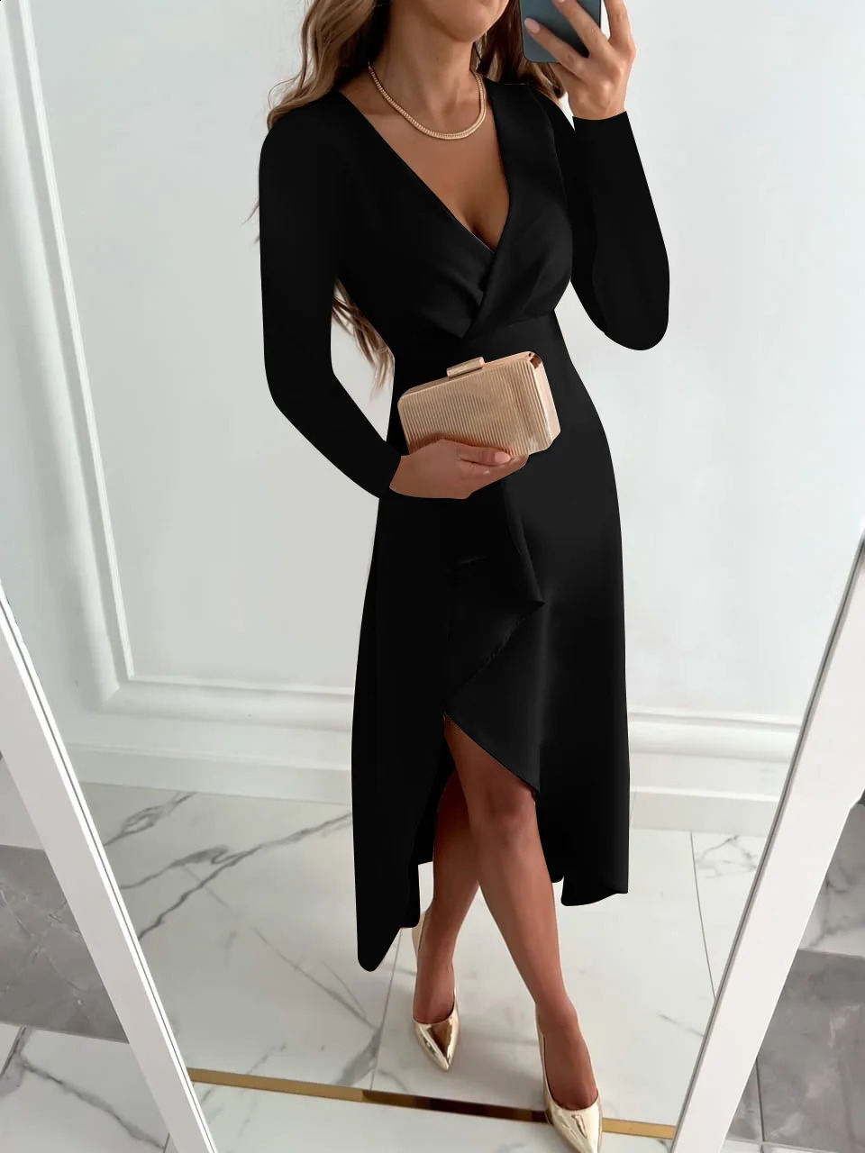 White Elegant Minimalist Dress Womens Spring Autumn V-neck Simple Temperament Solid Color Split Maxi Dress Red Black 240819