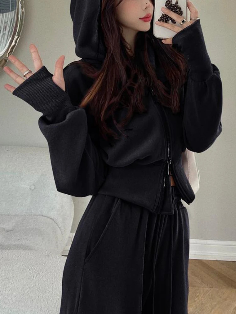 Korean Style Fashion Casual Female Tracksuit Women Two Piece Set Solid Color Hooded Zipper Short Cardigan and Sweat Pants Set 240820