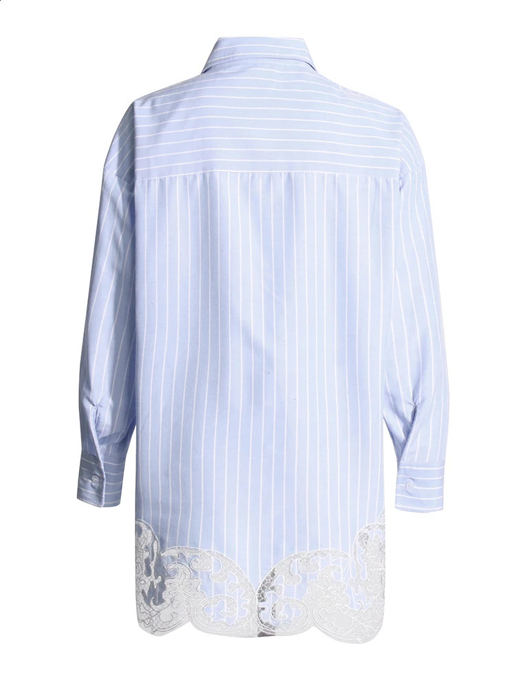 VGH striped patchwork work lace womens casual shirt with lapel long sleeved patchwork single chest loose fitting womens clothing 240820