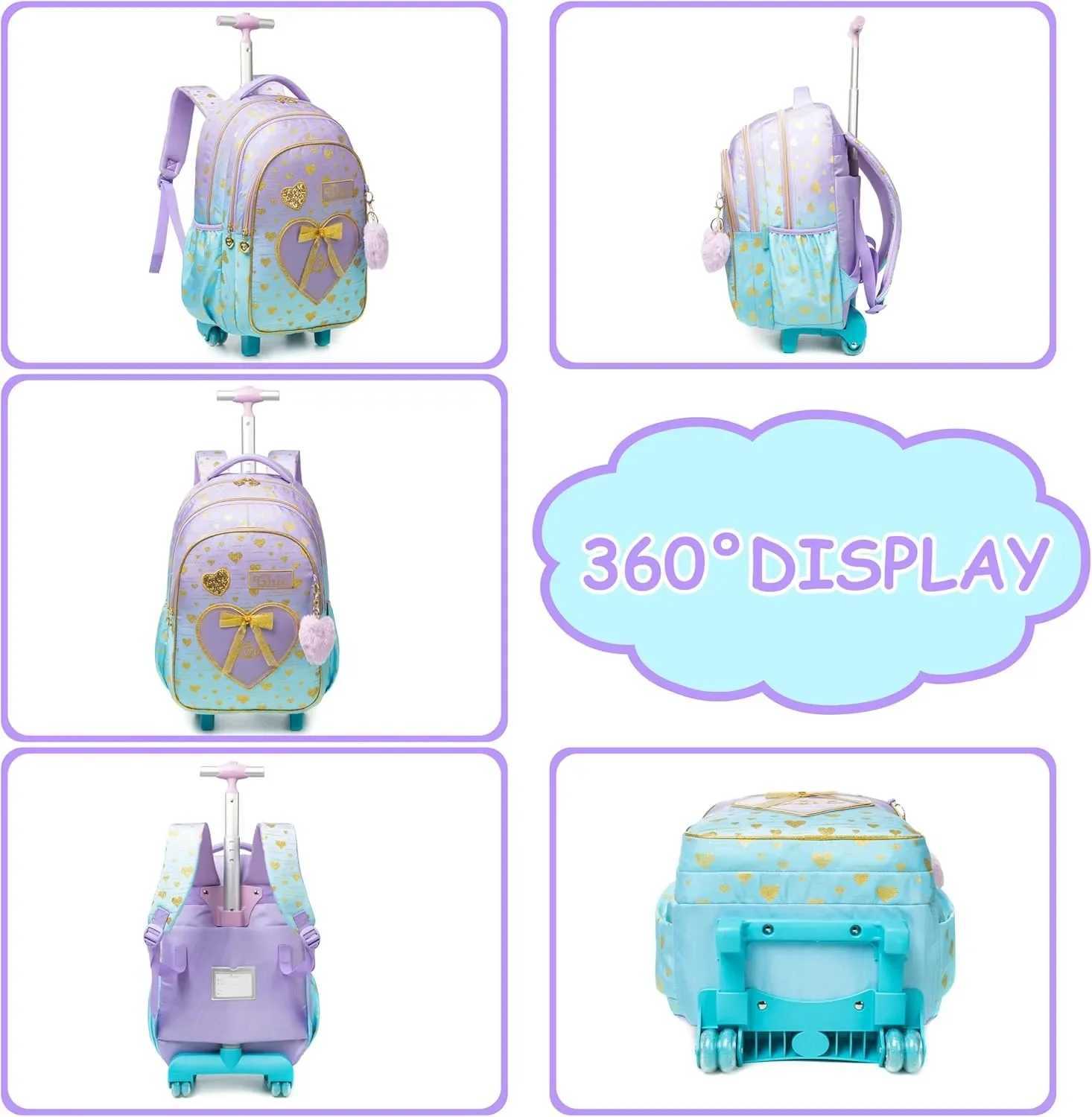 18Inch Trolley School Bags for Girls Children Travel Rolling Backpack School Trolley Bag Set with Lunch Bag Kids Wheeled Bookbag Y240820