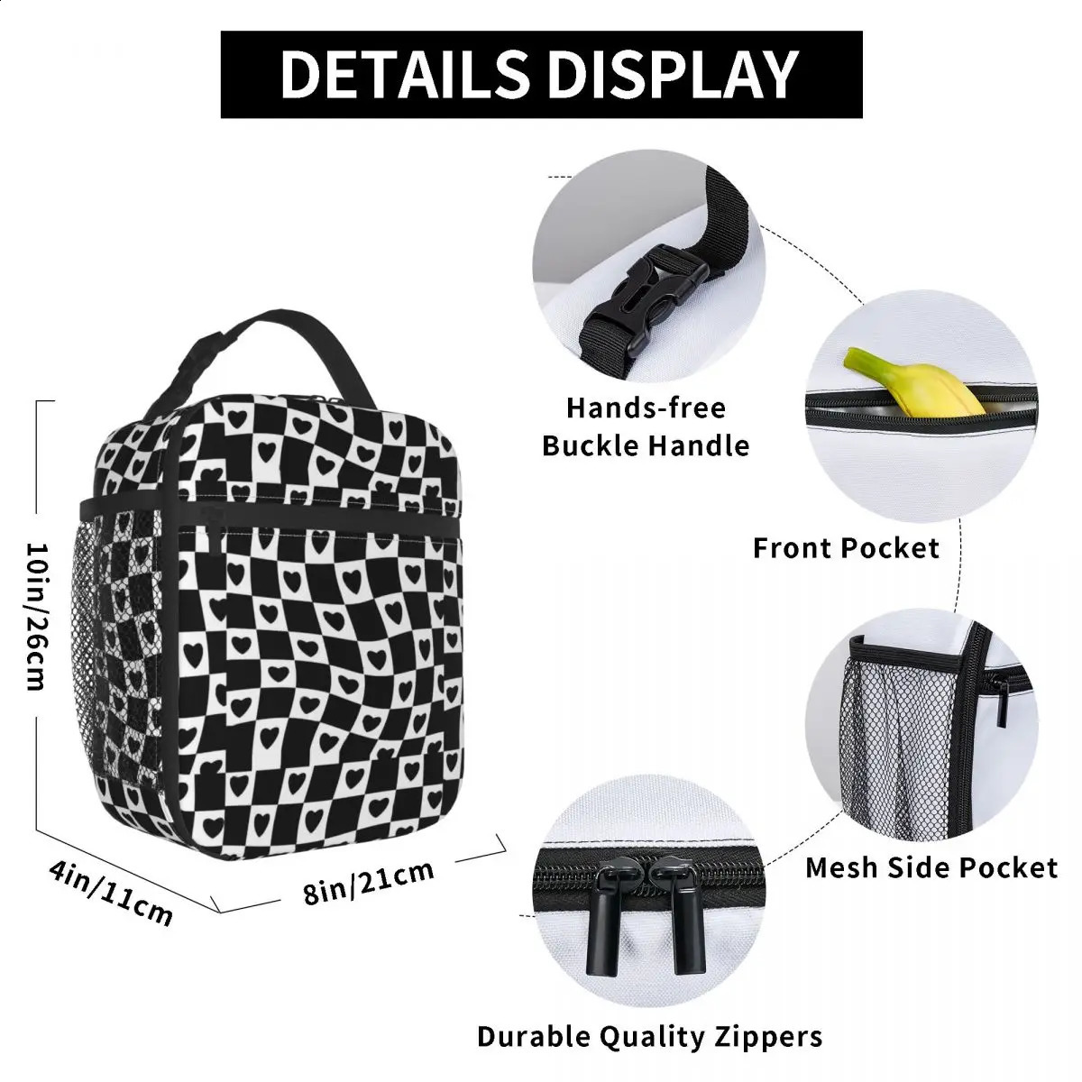 Lunch Bag Hearts Check Print Portable Lunch Box Black And White School Cooler Bag Retro Oxford Thermal Lunch Bags 240819