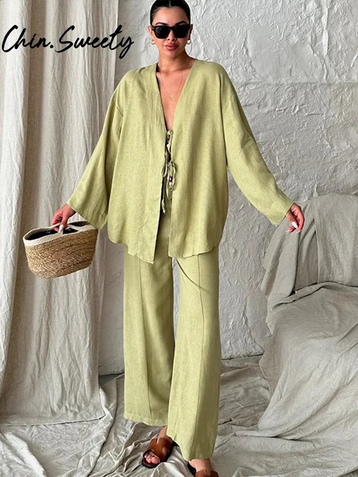 Casual Solid Lace Up Shirt Trouser Set Women Chic Long Sleeve V Neck Cardigan Wide Leg Pants Suit 2024 Autumn Elegant Lady Sets 240819
