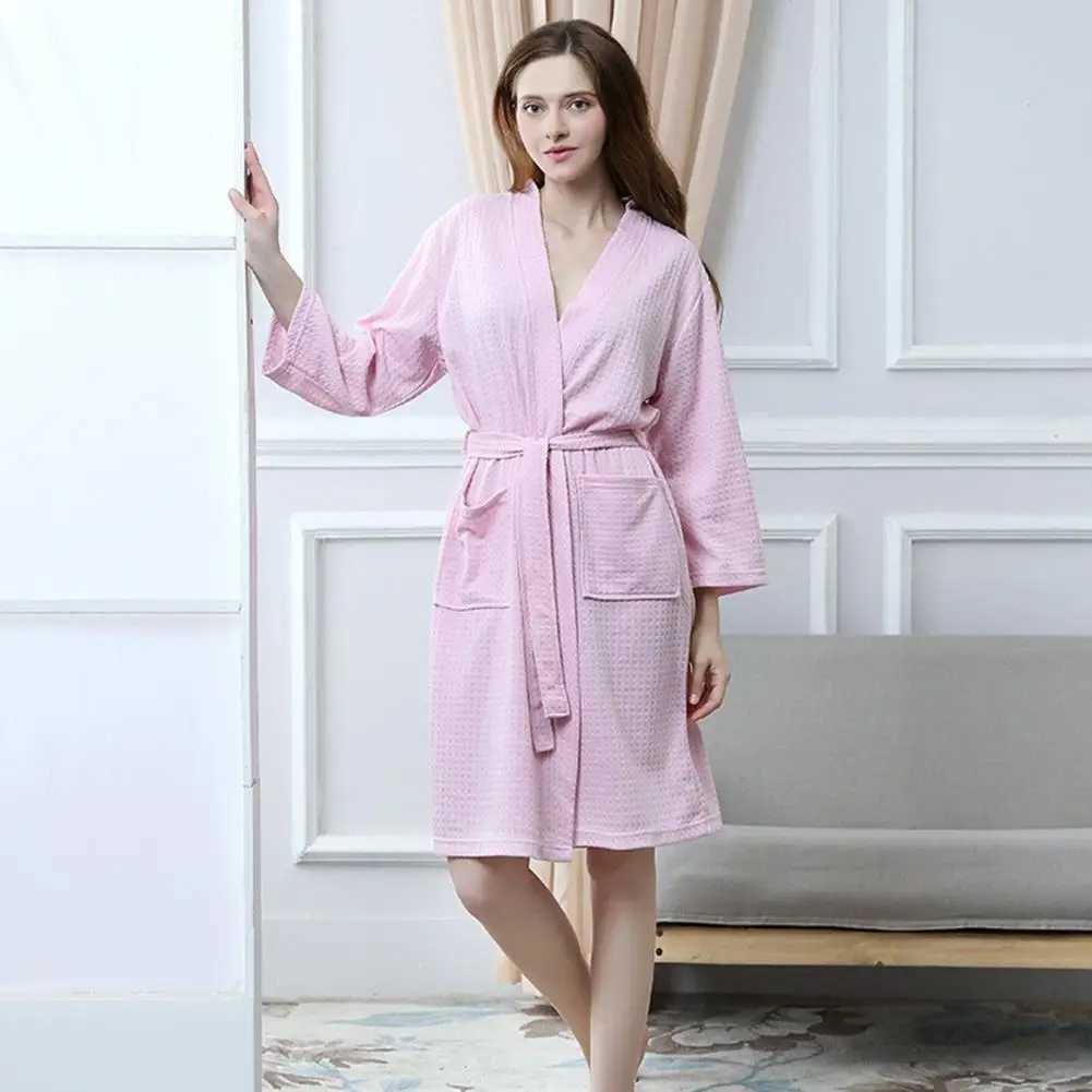 Mens bathroom waffle long solid color thin soft pajamas loose cardigan wool sweater mens autumn pajamasW240719