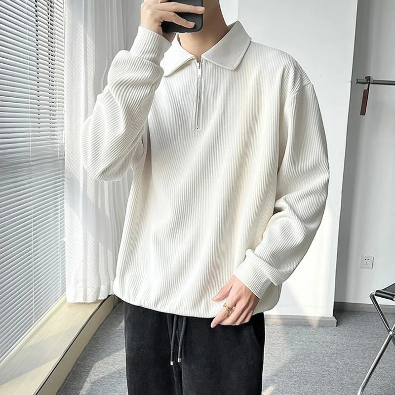 Fall Corduroy Long Sleeve Men Polo T Shirts Casual Harajuku Fashion Oversized Pullovers White Black Grey Hip Hop Punk Streetwear 240819