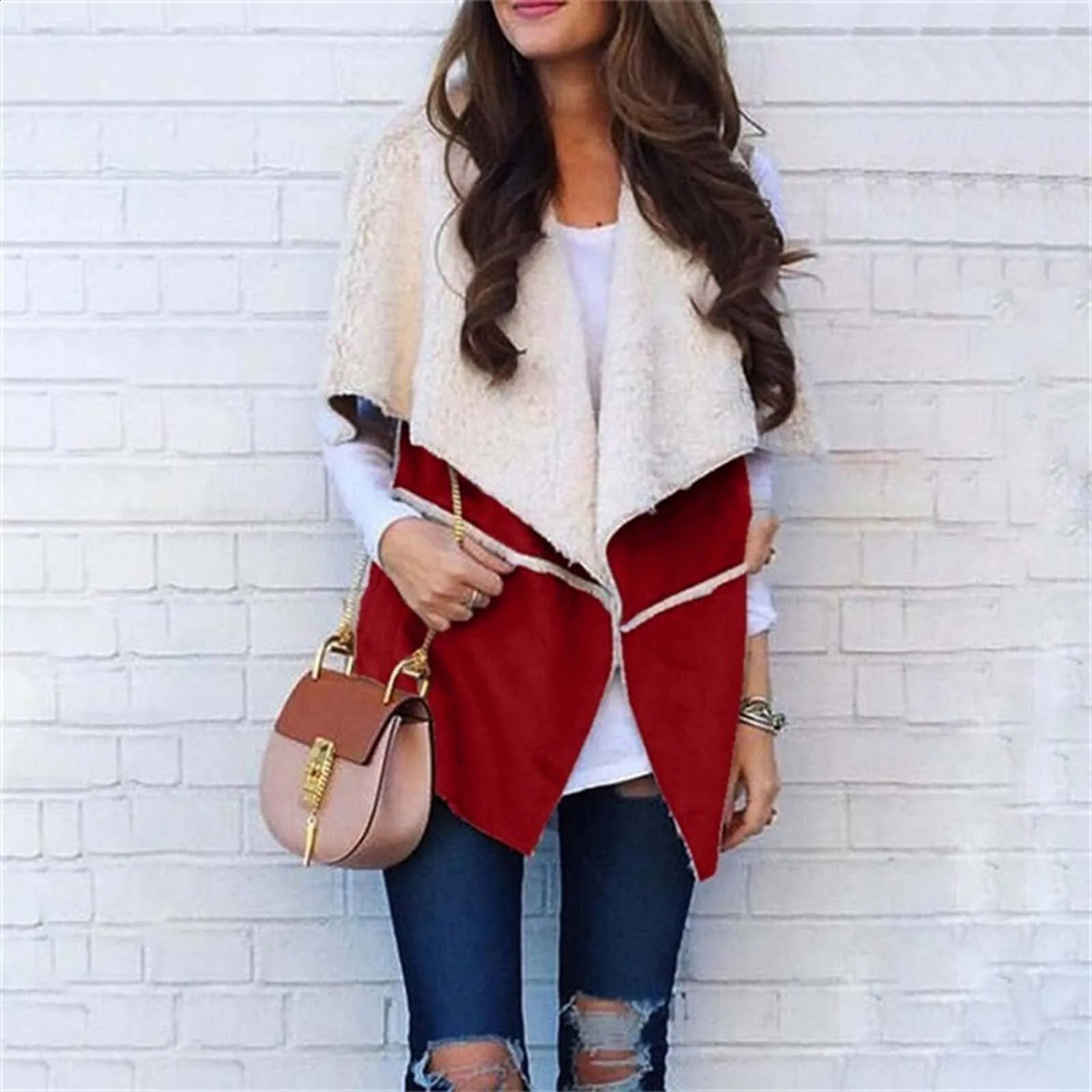 Winter velvet wool womens vest fashionable casual lapel sleeveless jacket slit coat 240819