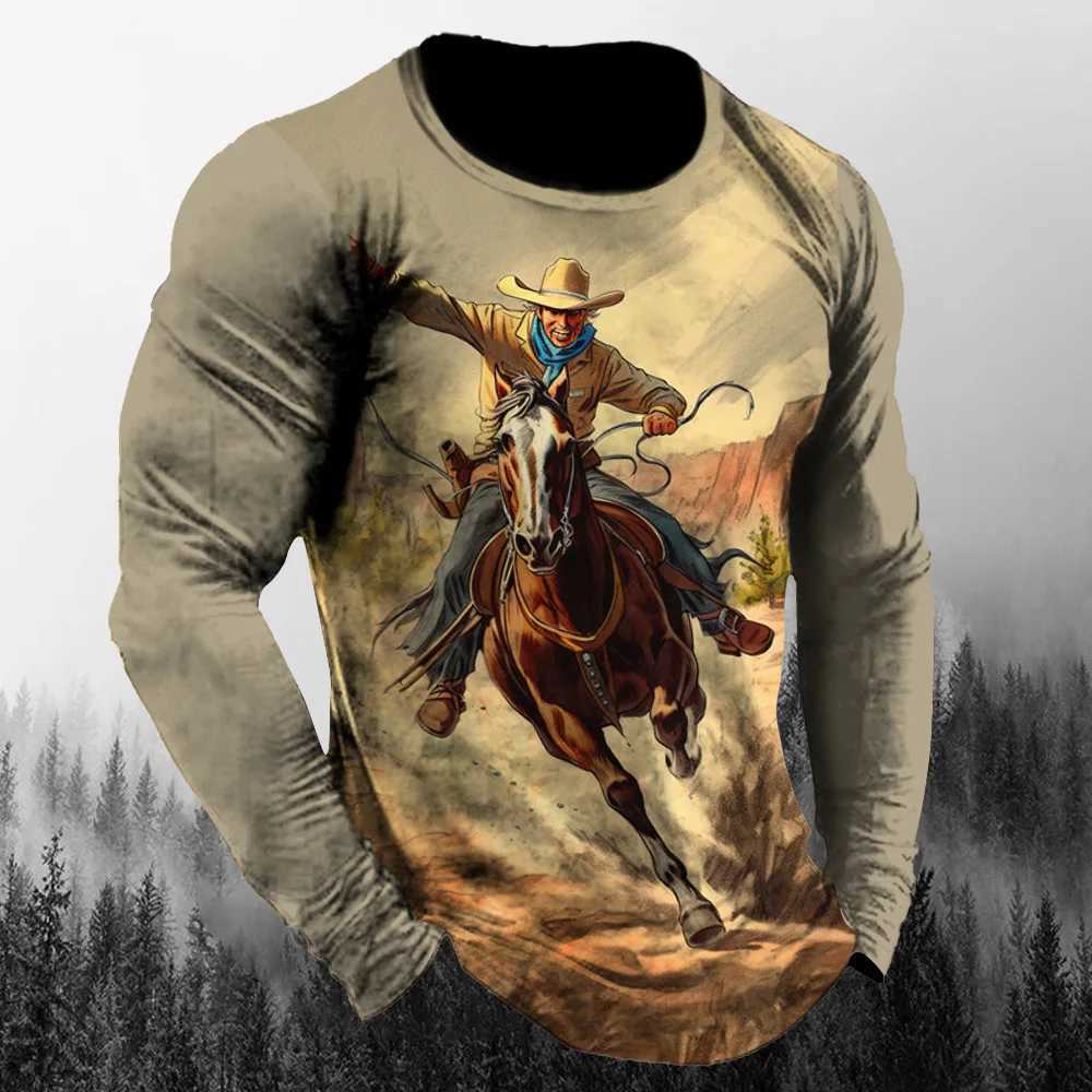 Western Cowboy Retro Tough Guy Style 3d Printing Spring And Autumn Mens Long Sleeved T-Shirt Relaxed And Fashionable Top 6xlXJ240819