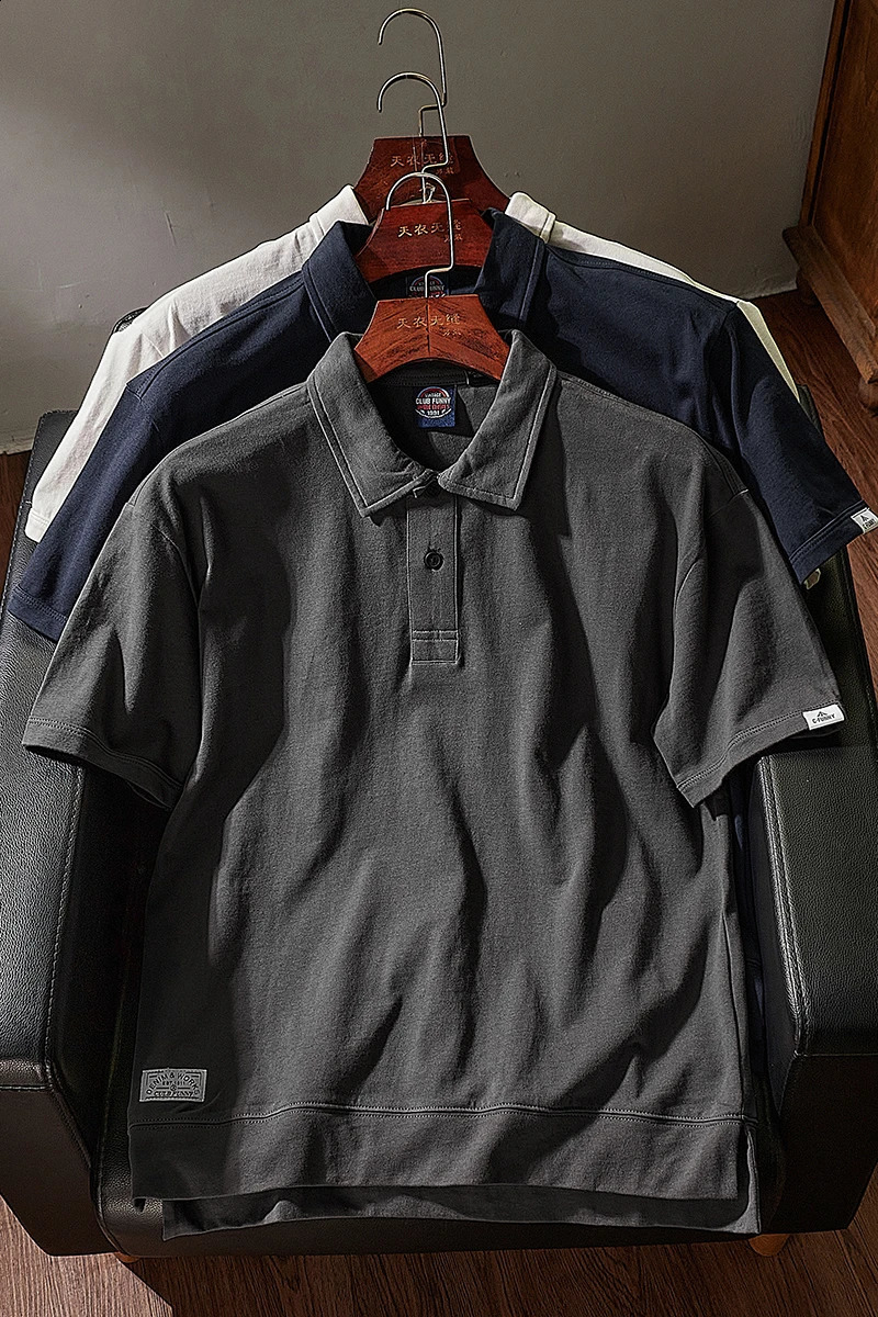 Summer American Retro Short-sleeved Lapel Solid Color Polo T-shirt Mens Simple 100% Cotton Washed Business Casual Tops 240819