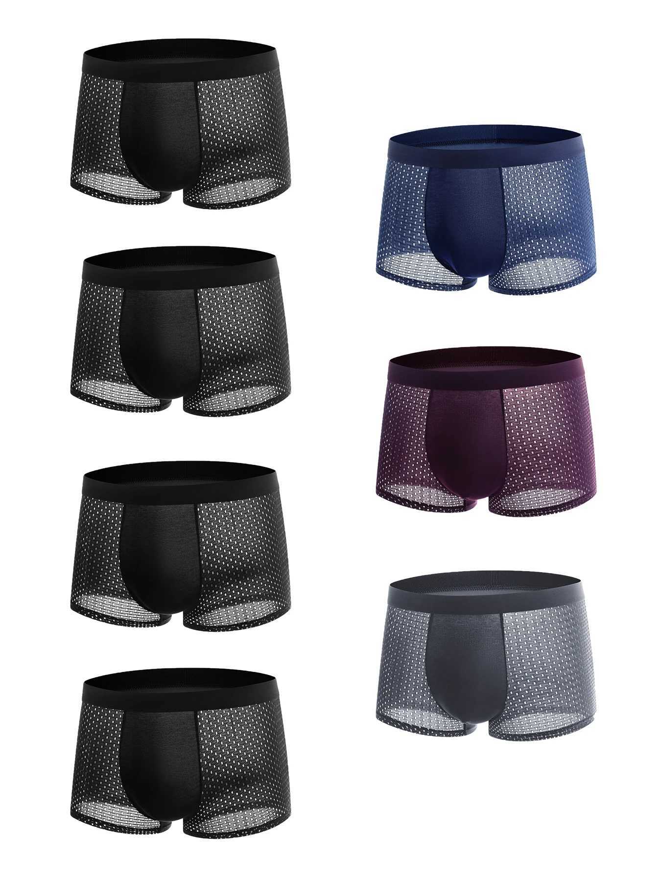 7PCS/Mens Panties Ice Silk Solid Color Sexy Underwear Breathable Mesh Comfortable Stretchy Mens Underpants Boxer Sports ShortsXJ240815