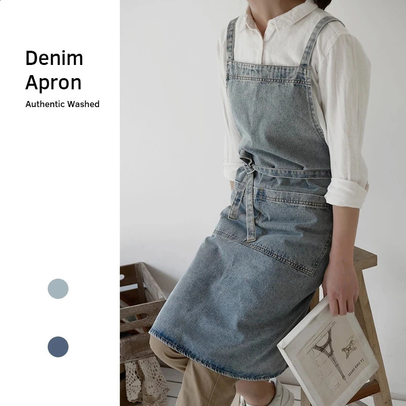 Denim Apron Cotton Korean Canvas Antifouling Home Cleaning Kitchen Cooking Work Clothes Barber Apron Leisure Gardening Baking 240819
