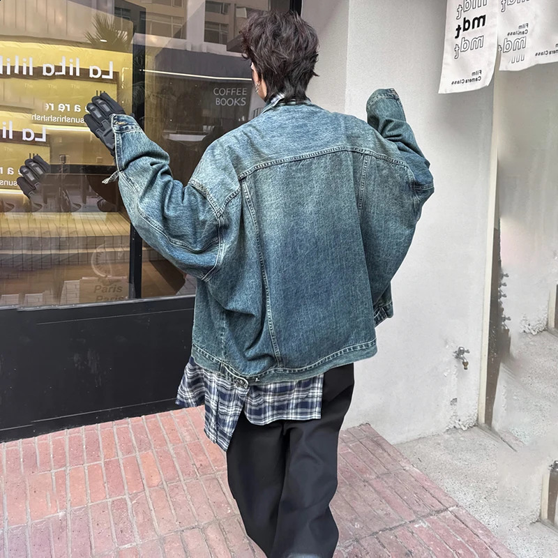 LUZHEN Spring Fashion Grid Loose Shirt Splicing n Cowboy Jacket Mens Street Trend Two LZ3072 240809