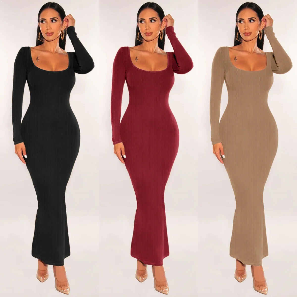 Women Ribbed Knit Long Sleeve Maxi Dress Slim Fit Solid Color Bodycon Pencil Long Dress Casual Fall Spring Clothes 240819