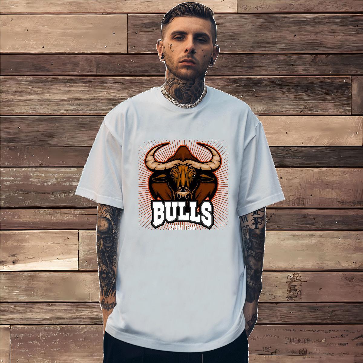 Cool T Shirts Men bull O-Neck Short Sleeve Street Casual Plus Size Cartoon 230g Pure Cotton Tshirt for Man Woman Fashion Design Polos