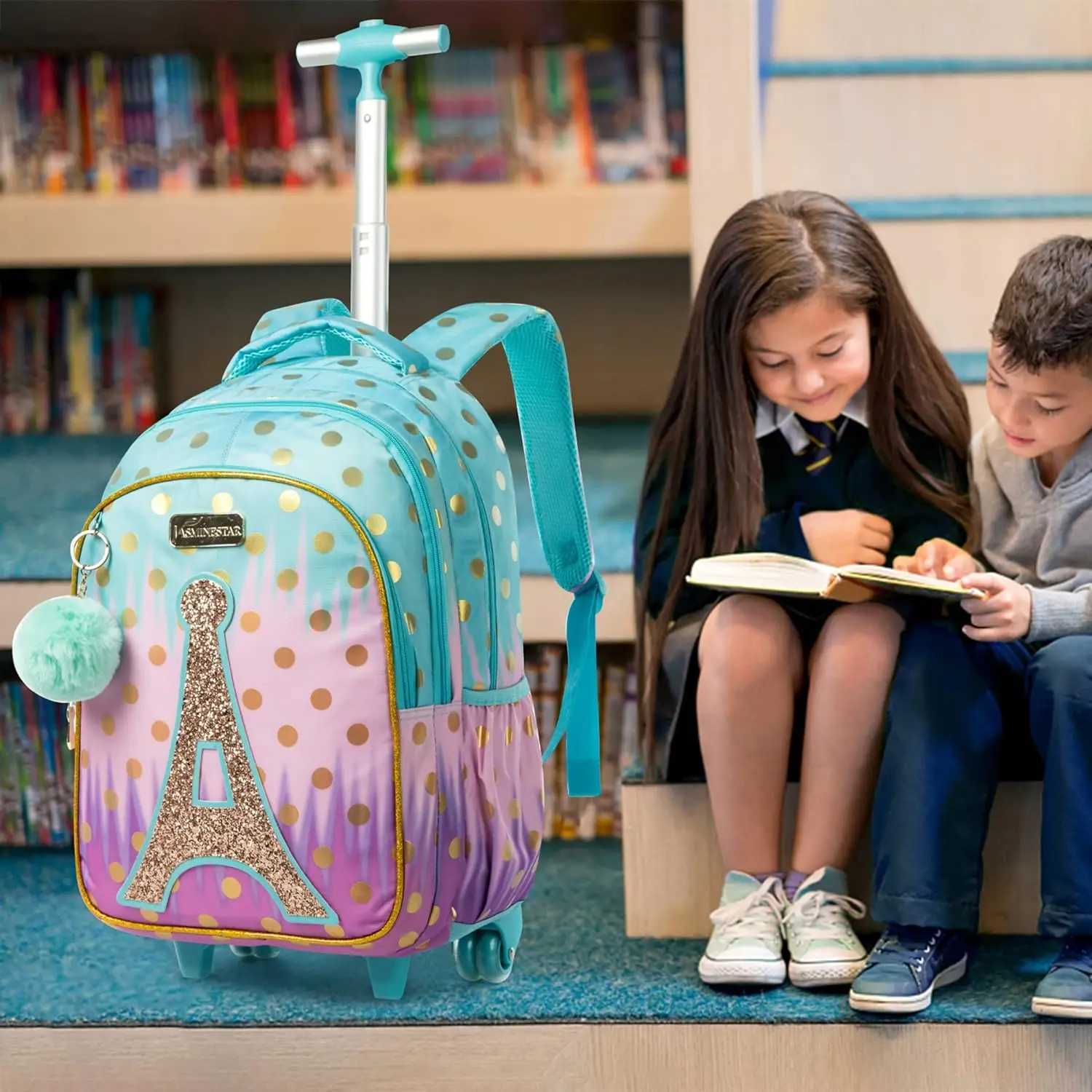 Childrens School Backpack with Wheels Kids Wheeled School Bag Teenagers Bag Girls Canvas Backpack Travel Luggage Trolley Bags Y240820