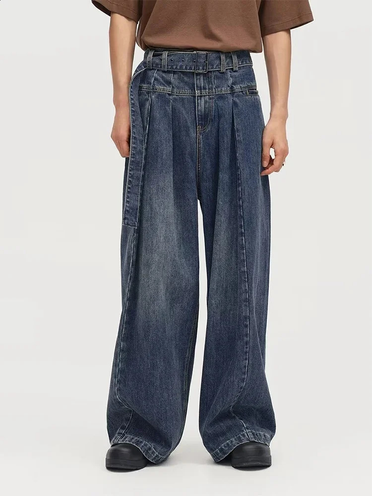 HOUZHOU Baggy Jeans Mens Distressed Denim Wide Leg Pants with Oversized Wrinkles Hip Hop Street Clothing 240819
