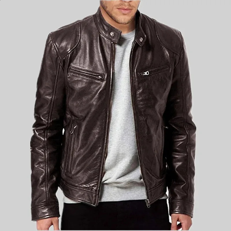 Spring Mens Fashion Leather Jacket Slim Fit Stand Collar PU Jacket Male Anti-wind Motorcycle Lapel Diagonal Zipper Jackets 240829
